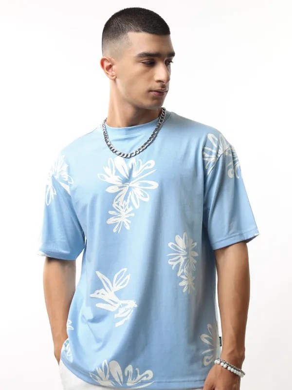 Highlander Men Blue Printed Round Neck Relaxed Fit T-Shirt