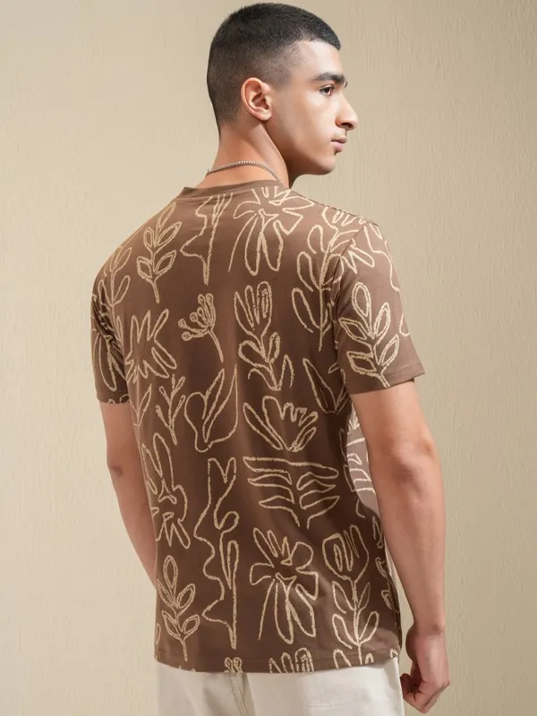 Highlander Men Brown Printed Round Neck Relaxed Fit T-Shirt
