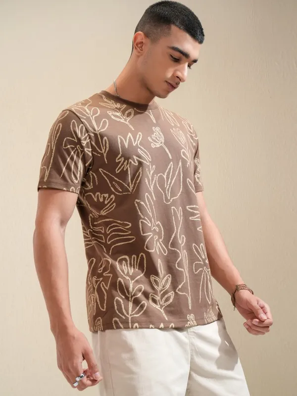 Highlander Men Brown Printed Round Neck Relaxed Fit T-Shirt