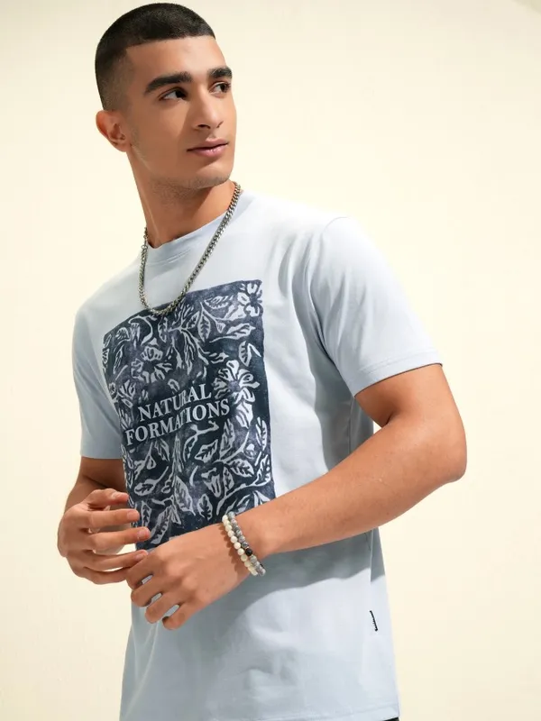 Highlander Men Blue Printed Round Neck T-Shirt