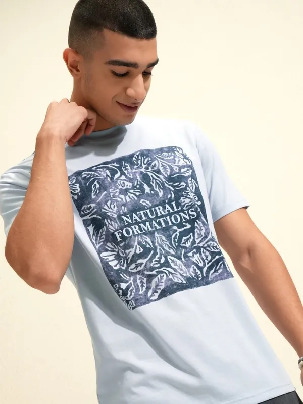 Highlander Men Blue Printed Round Neck T-Shirt
