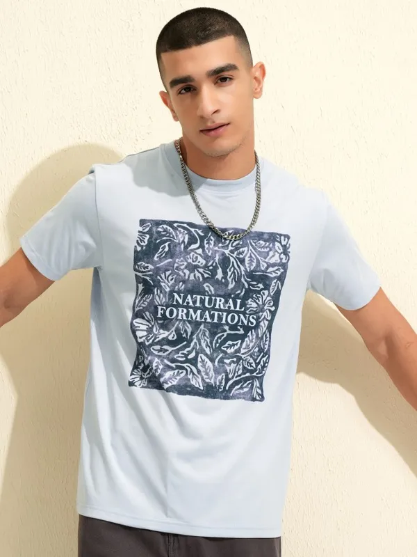 Highlander Men Blue Printed Round Neck T-Shirt