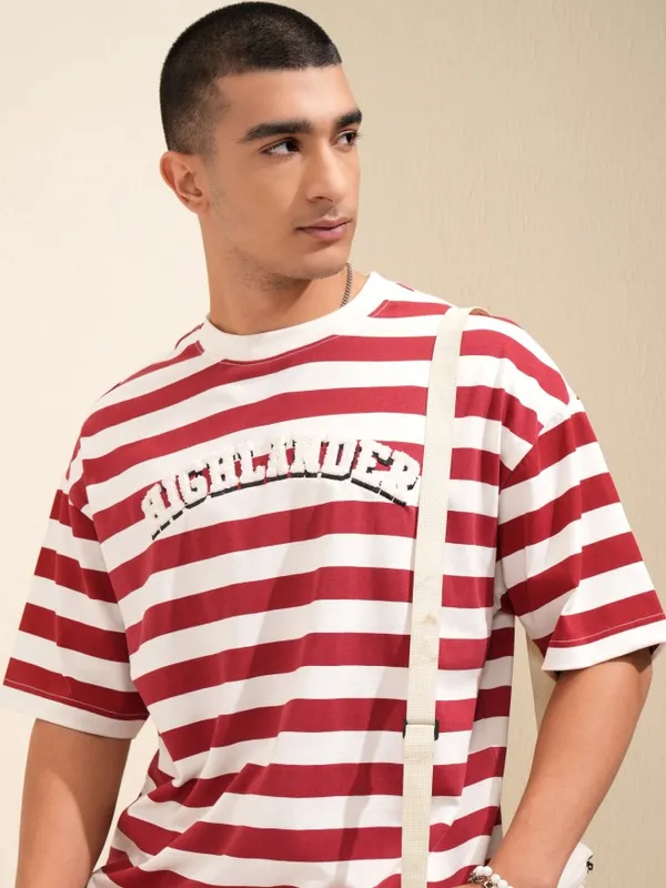 Highlander Men Off White Striped Round Neck Oversized Fit T-Shirt