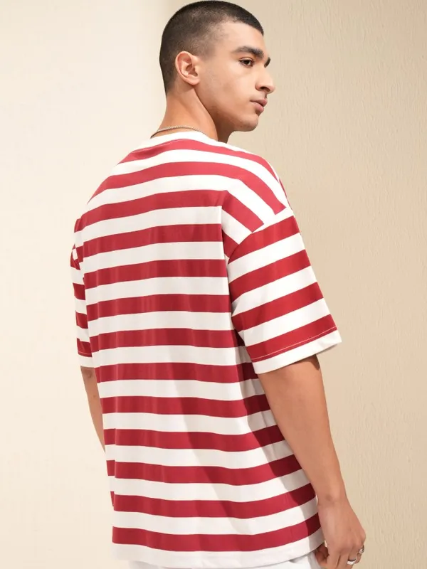 Highlander Men Off White Striped Round Neck Oversized Fit T-Shirt