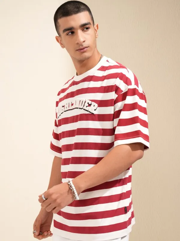Highlander Men Off White Striped Round Neck Oversized Fit T-Shirt