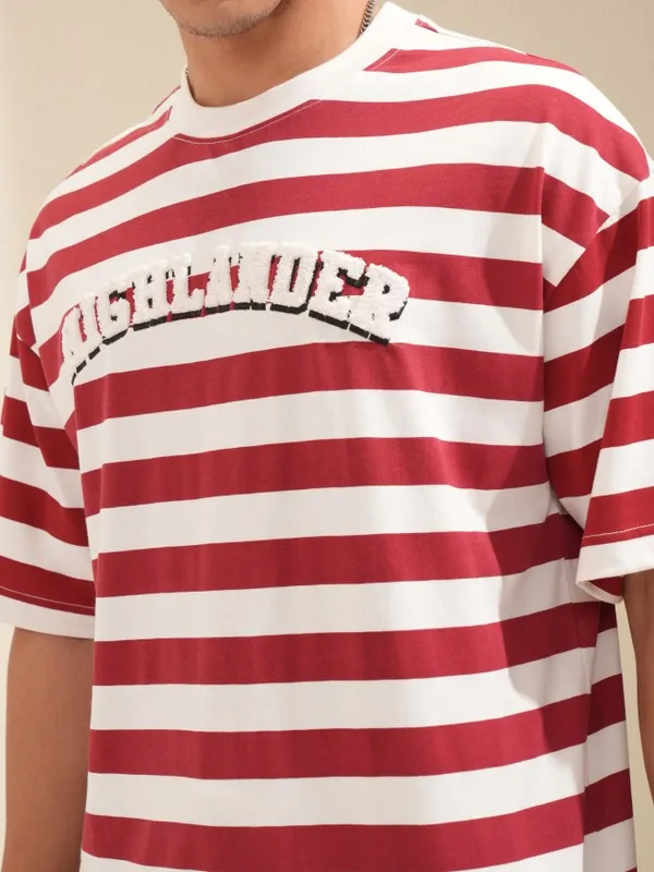 Highlander Men Off White Striped Round Neck Oversized Fit T-Shirt