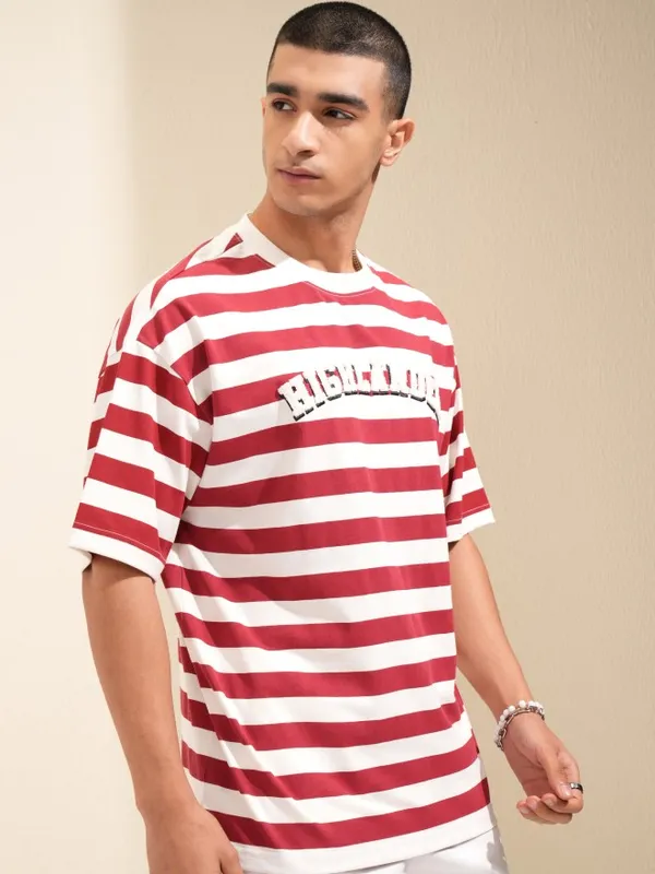 Highlander Men Off White Striped Round Neck Oversized Fit T-Shirt