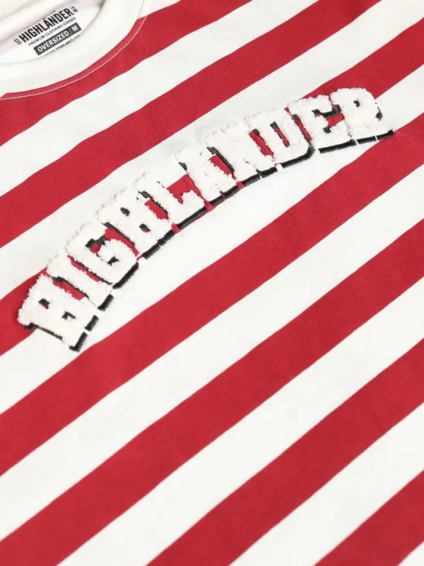 Highlander Men Off White Striped Round Neck Oversized Fit T-Shirt
