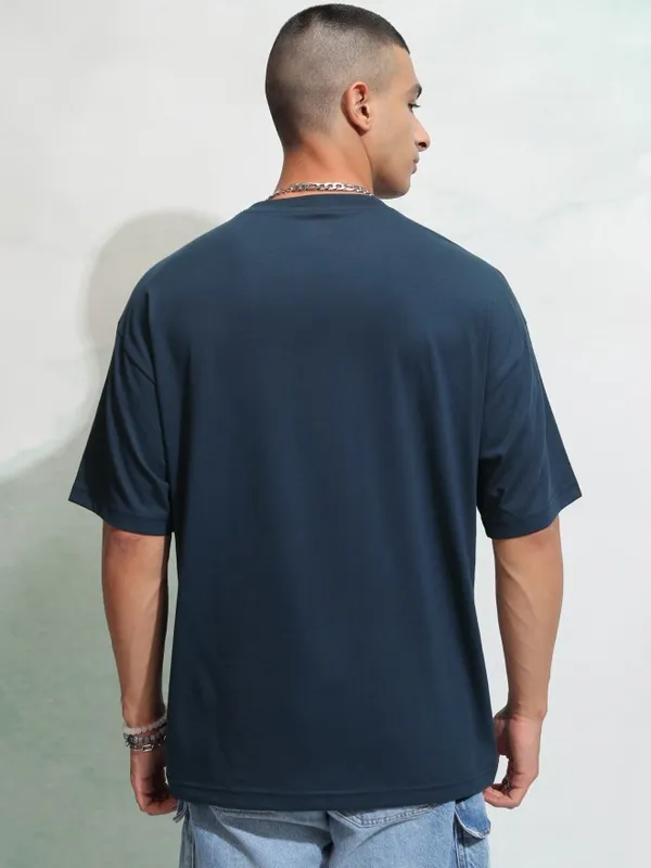 Highlander Men Navy Blue Self Design Round Neck Oversized Fit T-Shirt