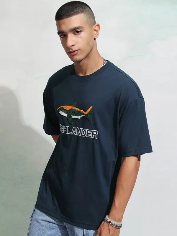 Highlander Men Navy Blue Self Design Round Neck Oversized Fit T-Shirt