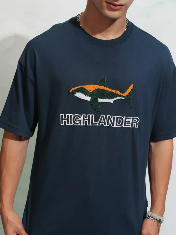 Highlander Men Navy Blue Self Design Round Neck Oversized Fit T-Shirt