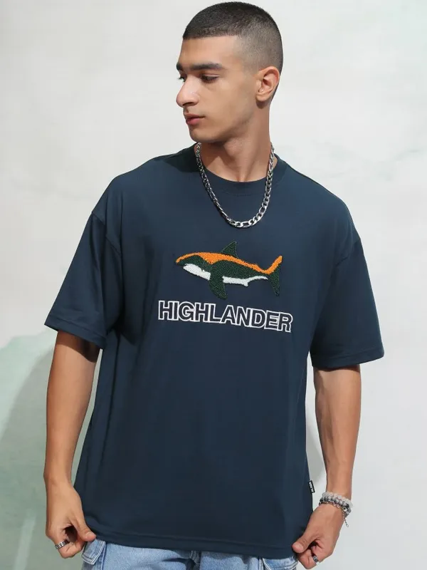 Highlander Men Navy Blue Self Design Round Neck Oversized Fit T-Shirt