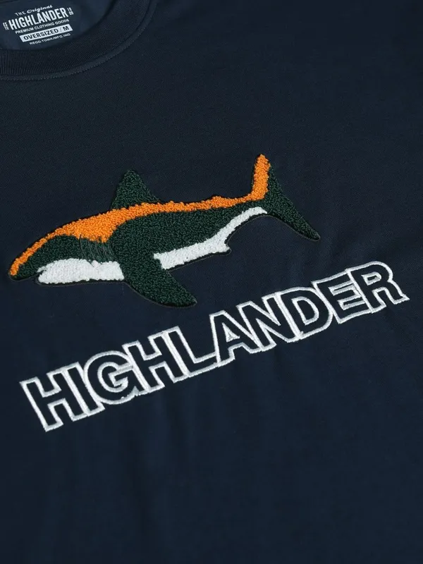 Highlander Men Navy Blue Self Design Round Neck Oversized Fit T-Shirt