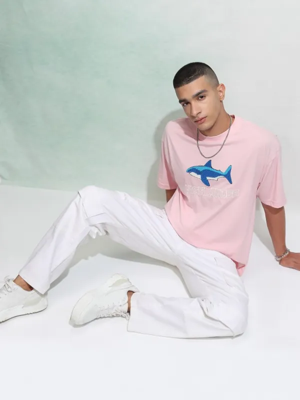 Highlander Men Pink Applique Round Neck Oversized Fit T-Shirt