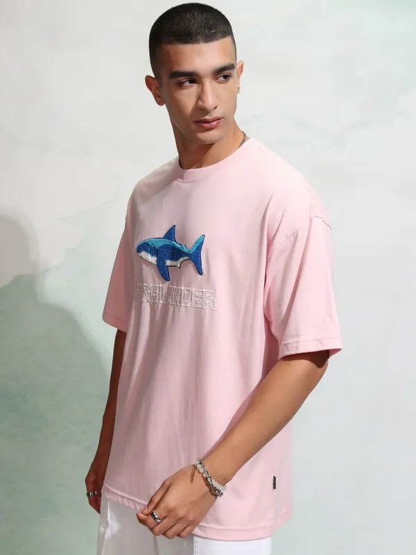 Highlander Men Pink Applique Round Neck Oversized Fit T-Shirt