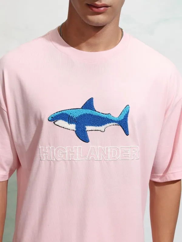 Highlander Men Pink Applique Round Neck Oversized Fit T-Shirt