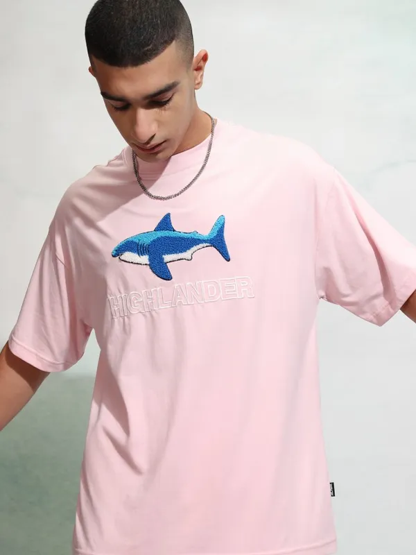 Highlander Men Pink Applique Round Neck Oversized Fit T-Shirt