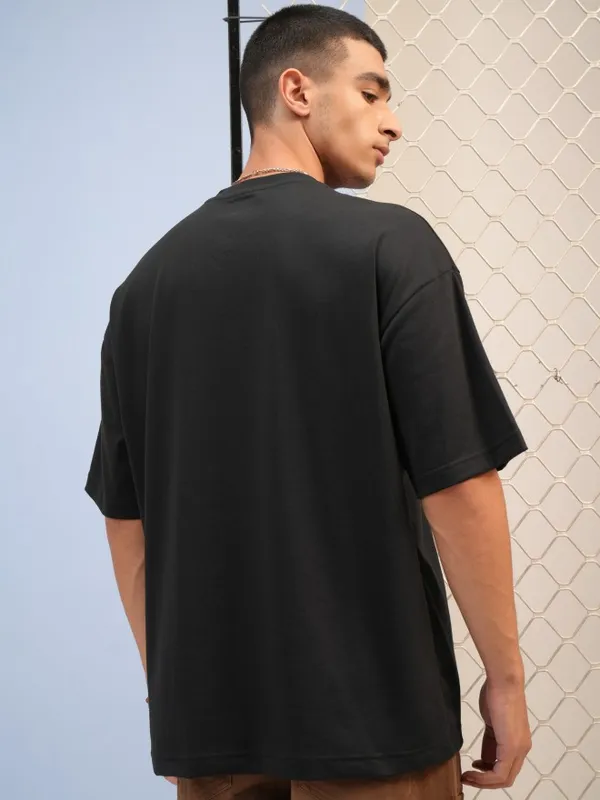 Highlander Men Black Printed Round Neck Oversized Fit T-Shirt