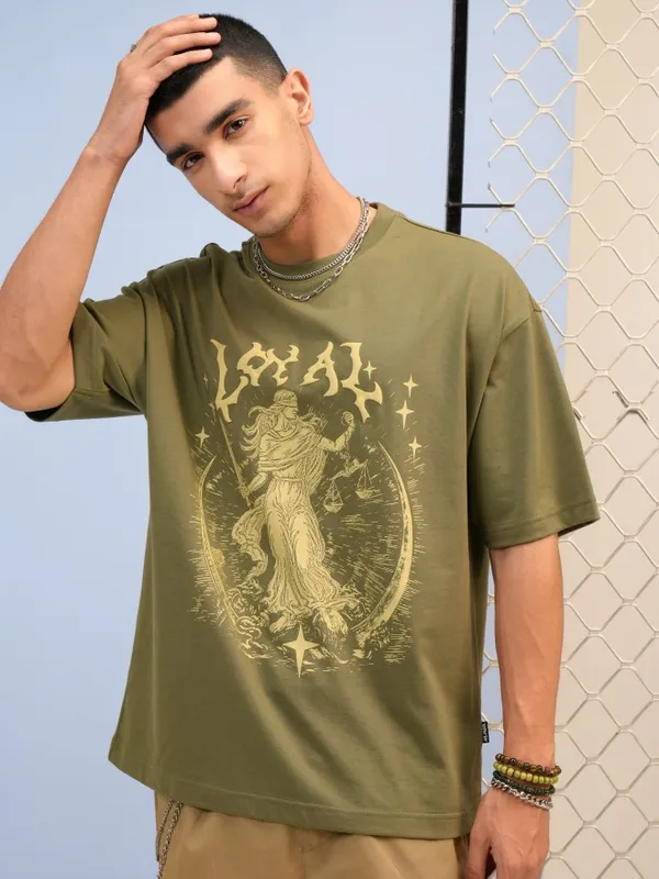 Highlander Men Olive Printed Round Neck Oversized Fit T-Shirt