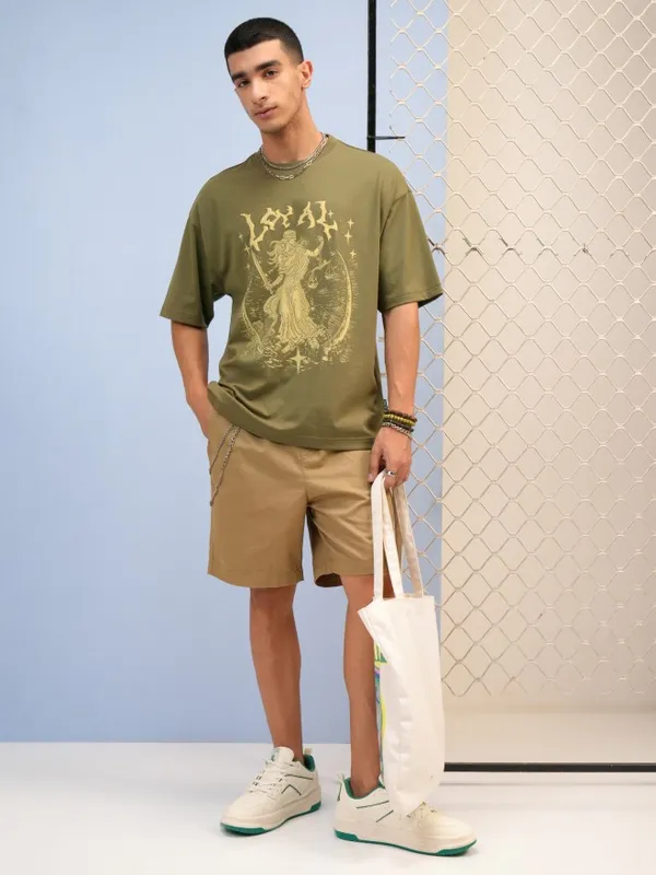 Highlander Men Olive Printed Round Neck Oversized Fit T-Shirt