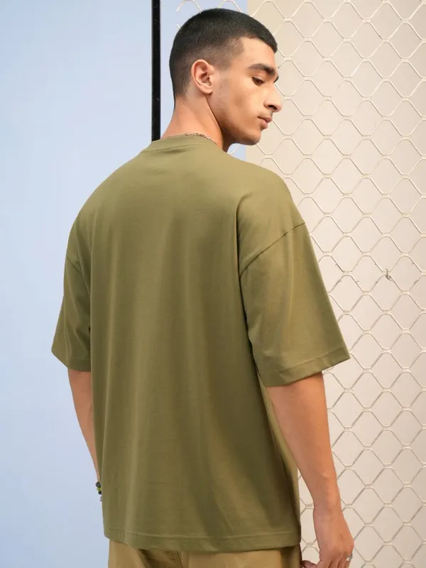 Highlander Men Olive Printed Round Neck Oversized Fit T-Shirt