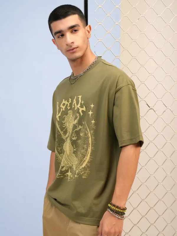 Highlander Men Olive Printed Round Neck Oversized Fit T-Shirt