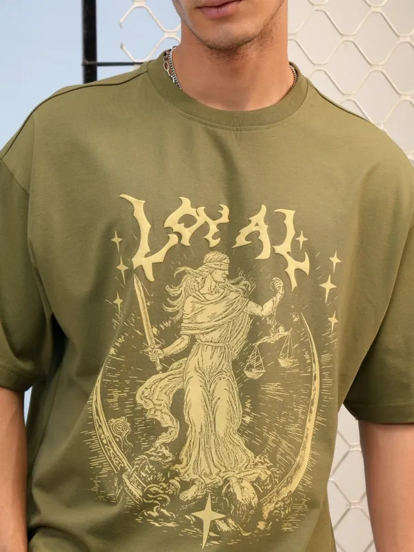 Highlander Men Olive Printed Round Neck Oversized Fit T-Shirt