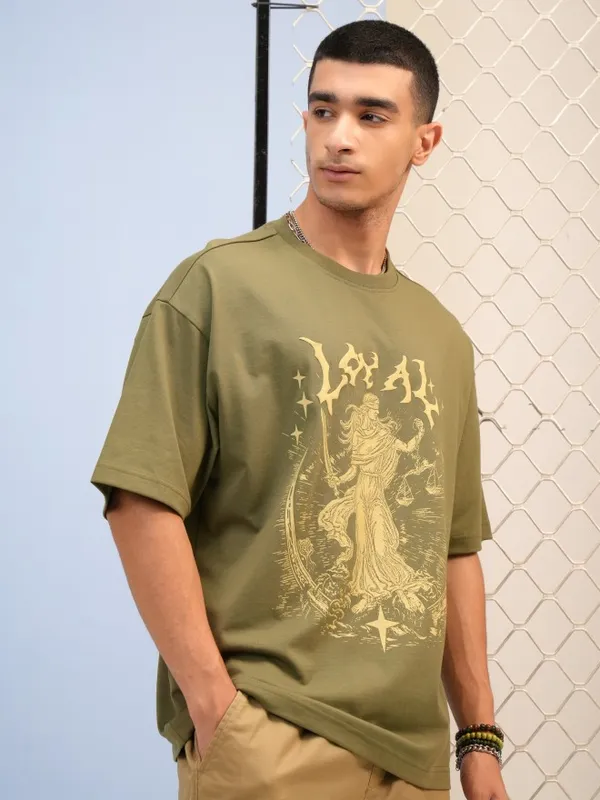 Highlander Men Olive Printed Round Neck Oversized Fit T-Shirt