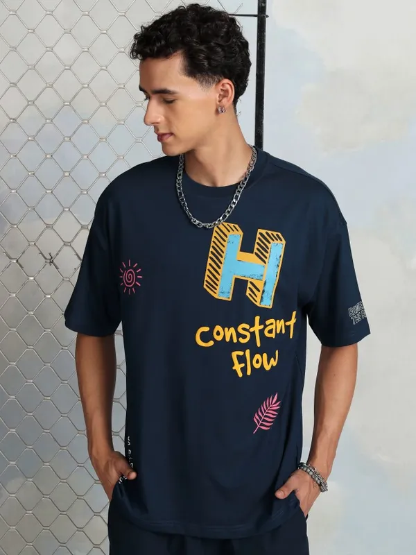 Highlander Men Navy Blue Printed Round Neck Oversized Fit T-Shirt