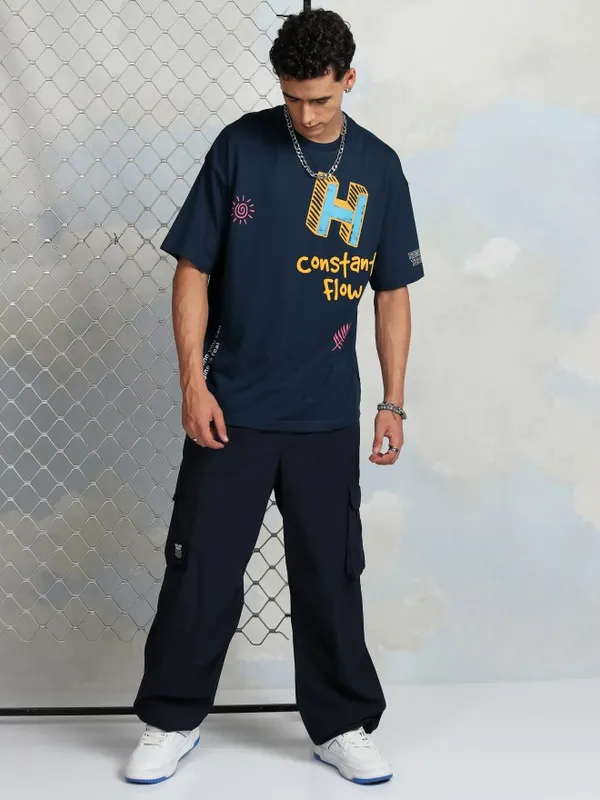 Highlander Men Navy Blue Printed Round Neck Oversized Fit T-Shirt