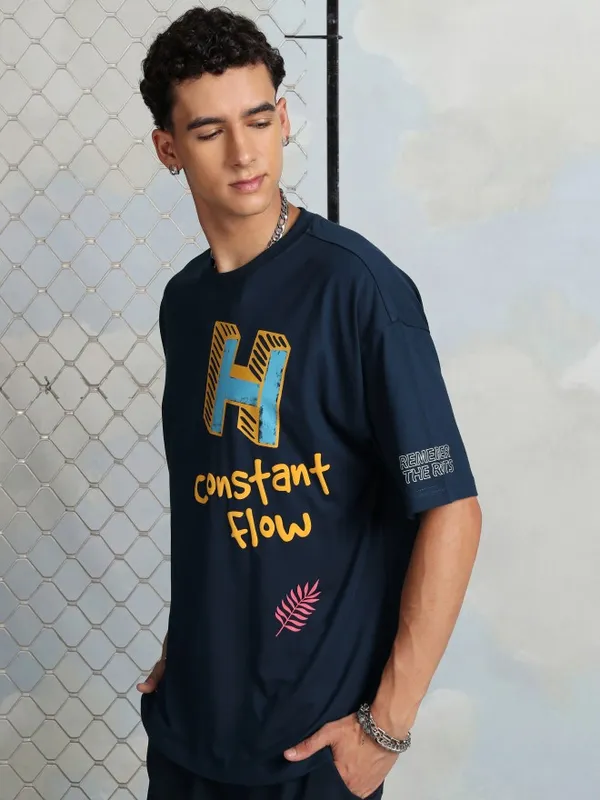 Highlander Men Navy Blue Printed Round Neck Oversized Fit T-Shirt
