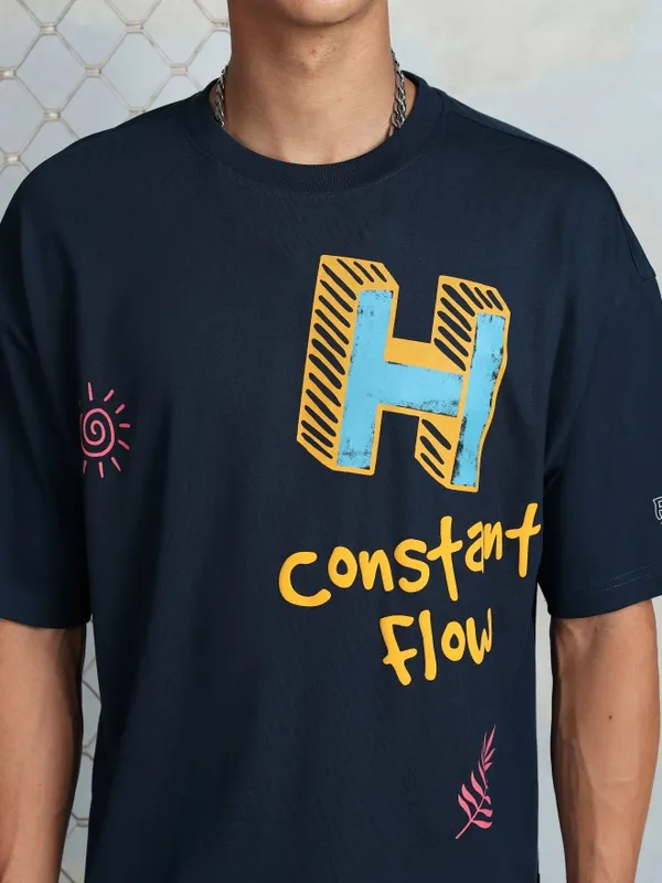 Highlander Men Navy Blue Printed Round Neck Oversized Fit T-Shirt