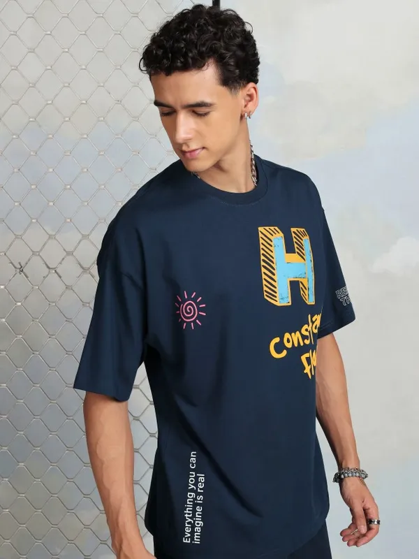 Highlander Men Navy Blue Printed Round Neck Oversized Fit T-Shirt