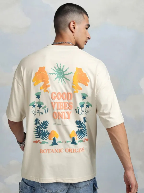 Highlander Men Cream Printed Round Neck Oversized Fit T-Shirt