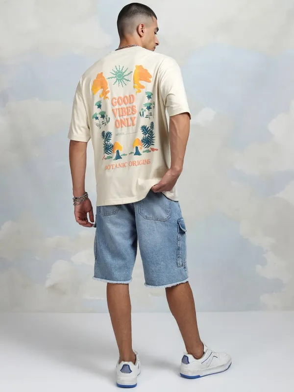 Highlander Men Cream Printed Round Neck Oversized Fit T-Shirt