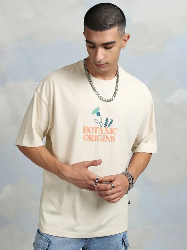 Highlander Men Cream Printed Round Neck Oversized Fit T-Shirt