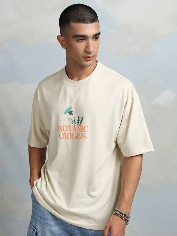 Highlander Men Cream Printed Round Neck Oversized Fit T-Shirt