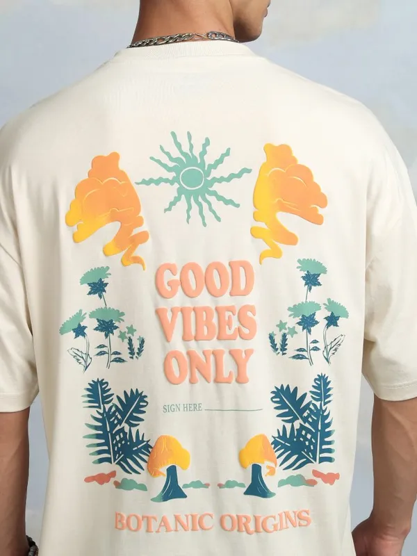 Highlander Men Cream Printed Round Neck Oversized Fit T-Shirt