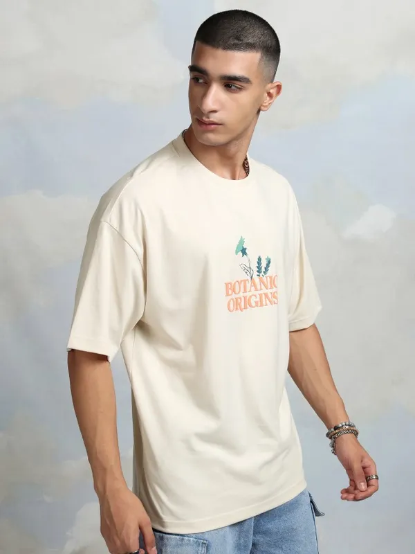 Highlander Men Cream Printed Round Neck Oversized Fit T-Shirt