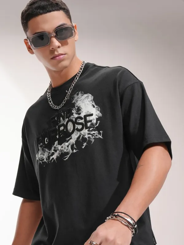 Highlander Men Black Self Design Oversized Fit T-Shirt