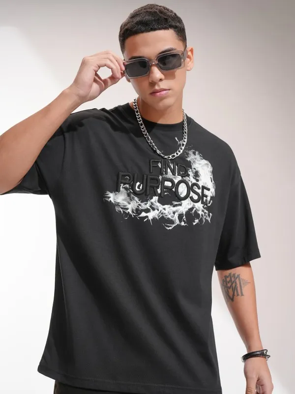 Highlander Men Black Self Design Oversized Fit T-Shirt