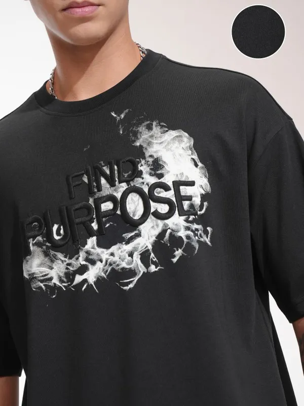 Highlander Men Black Self Design Oversized Fit T-Shirt