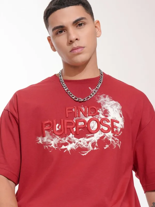 Highlander Men Maroon Typography Oversized Fit T-Shirt