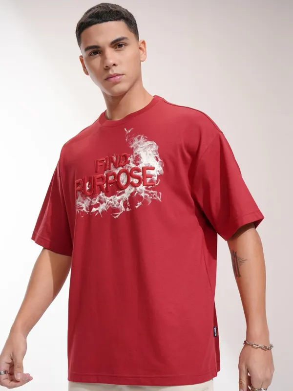 Highlander Men Maroon Typography Oversized Fit T-Shirt