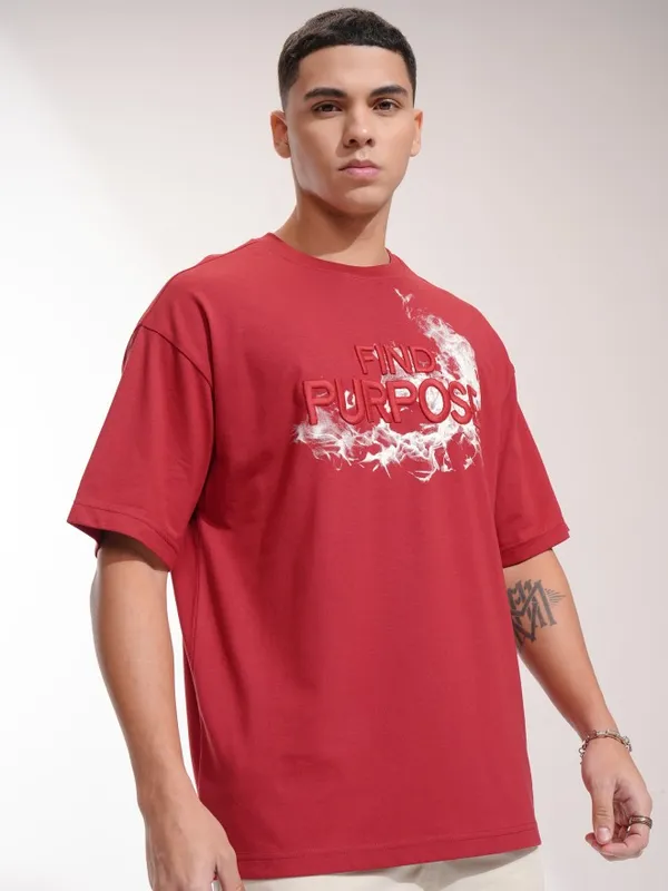 Highlander Men Maroon Typography Oversized Fit T-Shirt