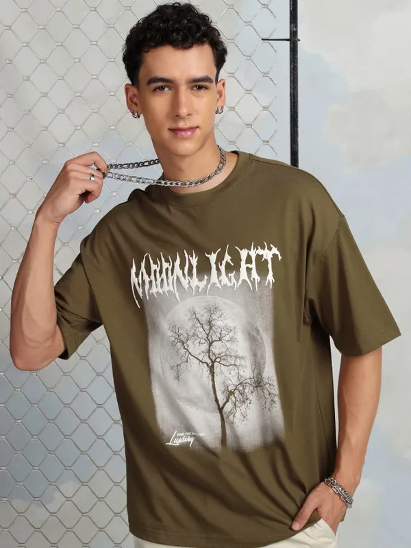 Highlander Men Brown Printed Round Neck Oversized Fit T-Shirt