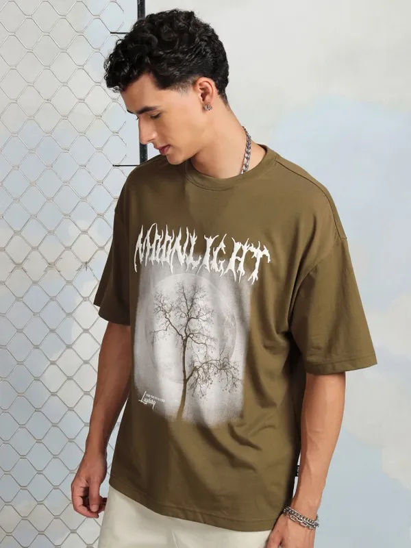 Highlander Men Brown Printed Round Neck Oversized Fit T-Shirt