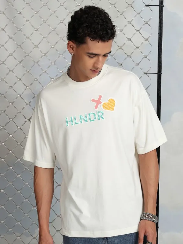 Highlander Men Off White Printed Round Neck Oversized Fit T-Shirt