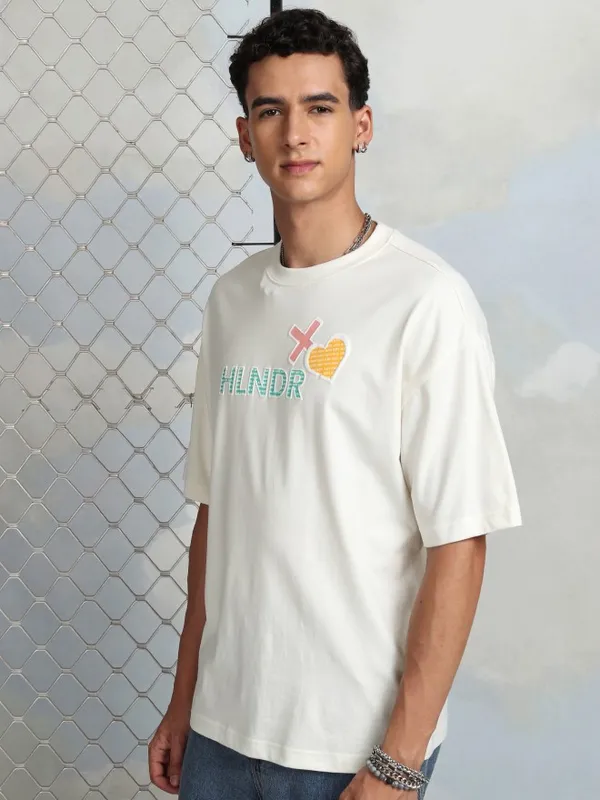 Highlander Men Off White Printed Round Neck Oversized Fit T-Shirt