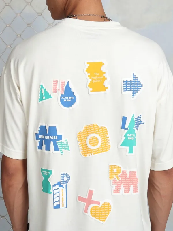 Highlander Men Off White Printed Round Neck Oversized Fit T-Shirt